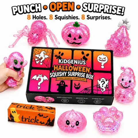 KIDGENIUS 8-Piece Squishy Blind Box Squishy Kit - Punch-to-Reveal Glitter Slow Rising, Decompression Squeeze, Stretchable Unisex Sensory Halloween Squishies, Pumpkin Ghost Stress Balls, Non-Candy Holiday Gift