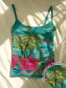 Summer Island Style Tropical Coconut Tree Floral Print Halter Top, Slim Fit Short Sleeve Shirt, Perfect for Beach Vacation, Music Festivals, Travel