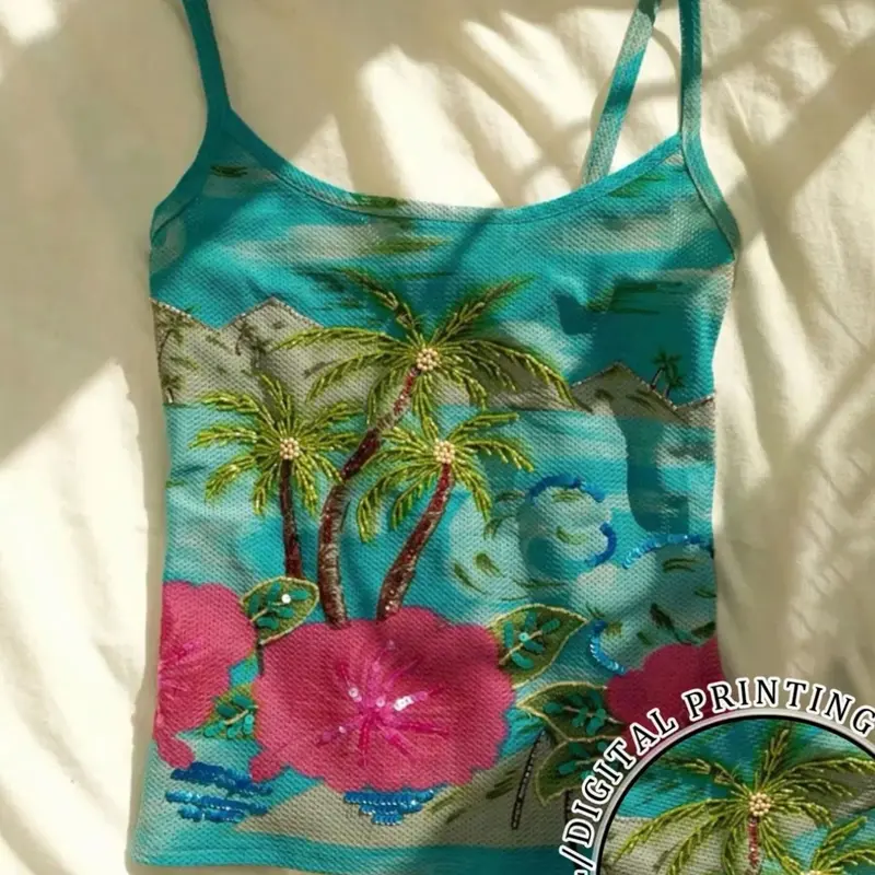Summer Island Style Floral Print Halter Top, Floral Pattern Halter, Slim Fit Short Sleeve Shirt, Perfect for Beach Vacation, Music Festivals, Travel, Backless Camisole Top