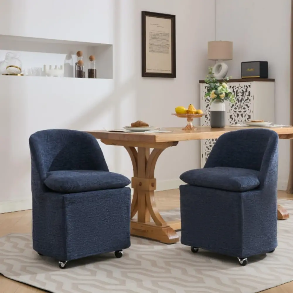 Dining Chairs With Casters Set of 2, Rolling Dining Chairs with 360° Swivel Function and Back Cushion, Chenille Upholstered Dining Chair with Curved Armrest, Barrel Dining Chair for Dining Room (Blue)