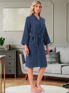 INSPIRE CHIC Women's 100% Cotton Robe Long Sleeve V-Neck Loungewear Soft Lightweight Spa Long Bathrobe with Pockets