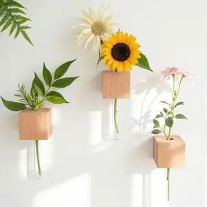 3D Wooden Magnetic Mini Vase 2PCS with Test Tube, Strong Fridge Magnet Vase Holders, Modern Decor for Refrigerator Wall Kitchen Bedroom Office Storage