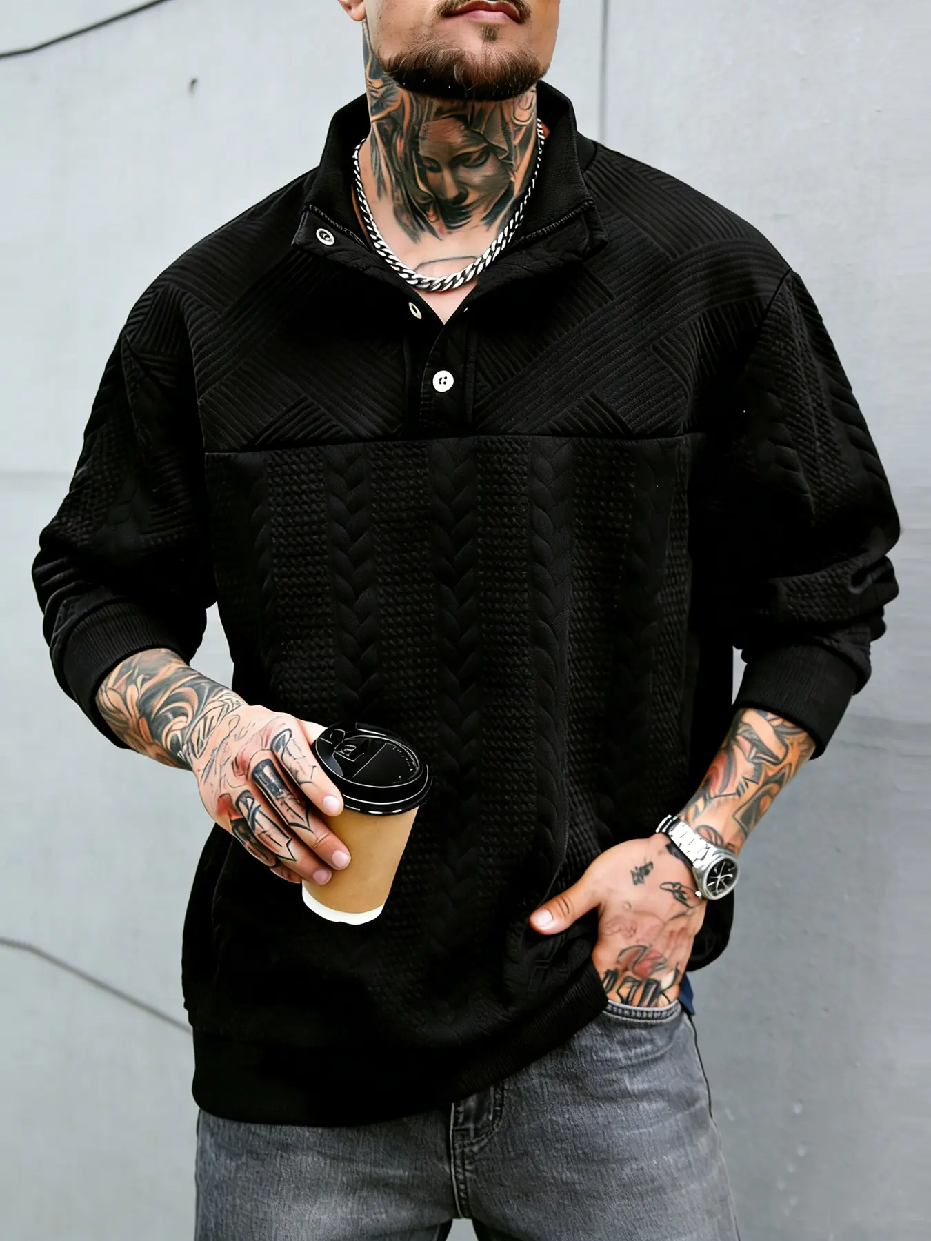 Men's Colorblock Patchwork Geometric Jacquard Button Front Sweatshirt, Regular Fit Casual Long Sleeve Stand Collar, Fashion Knitwear, Fashion Menswear for Fall & Winter