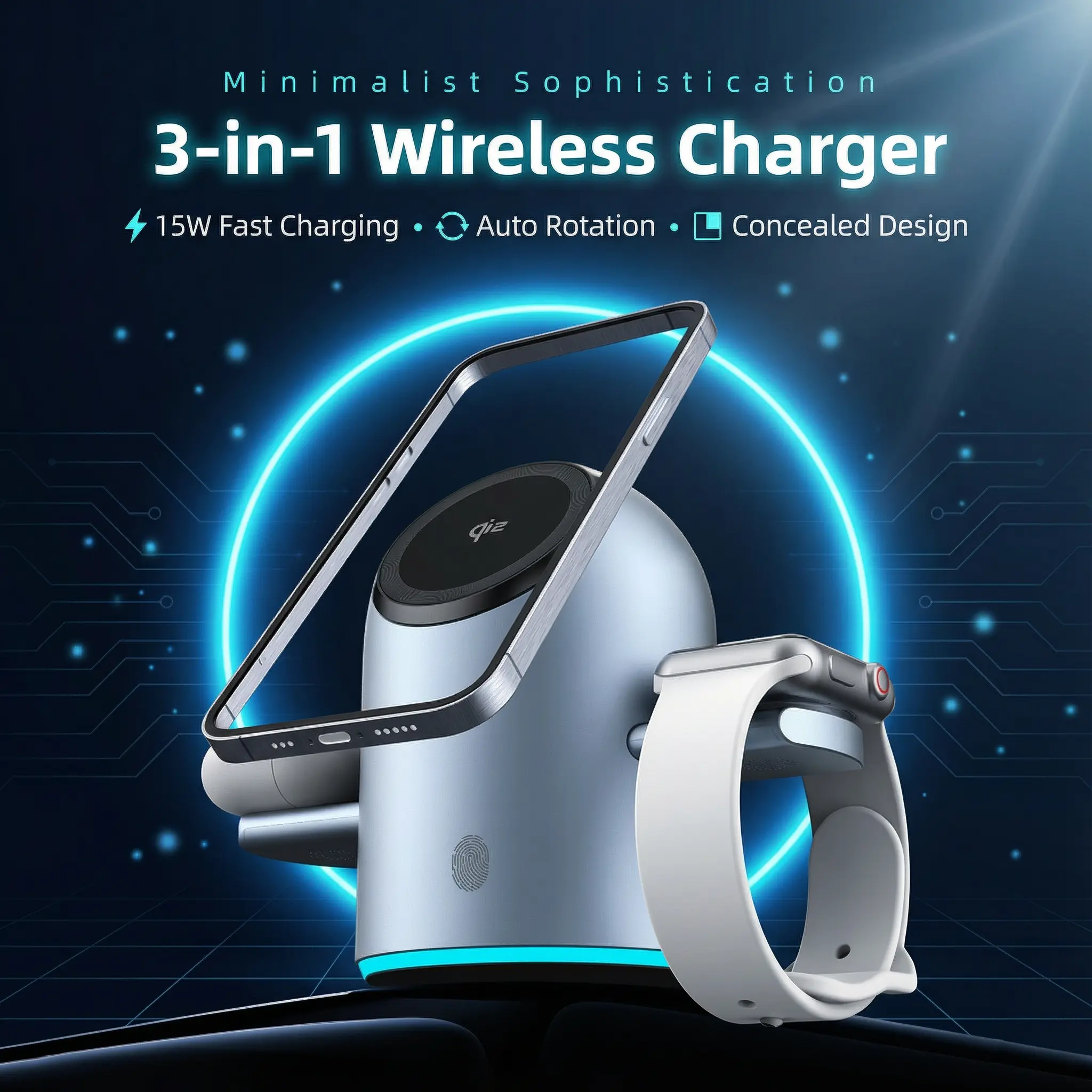 Lyson 3 in 1 Wireless Charger Fast Charging Qi2 Certified for iPhone AirPods iWatch Magnetic Auto Rotation Touch Pop-Up Station Desktop Bedside