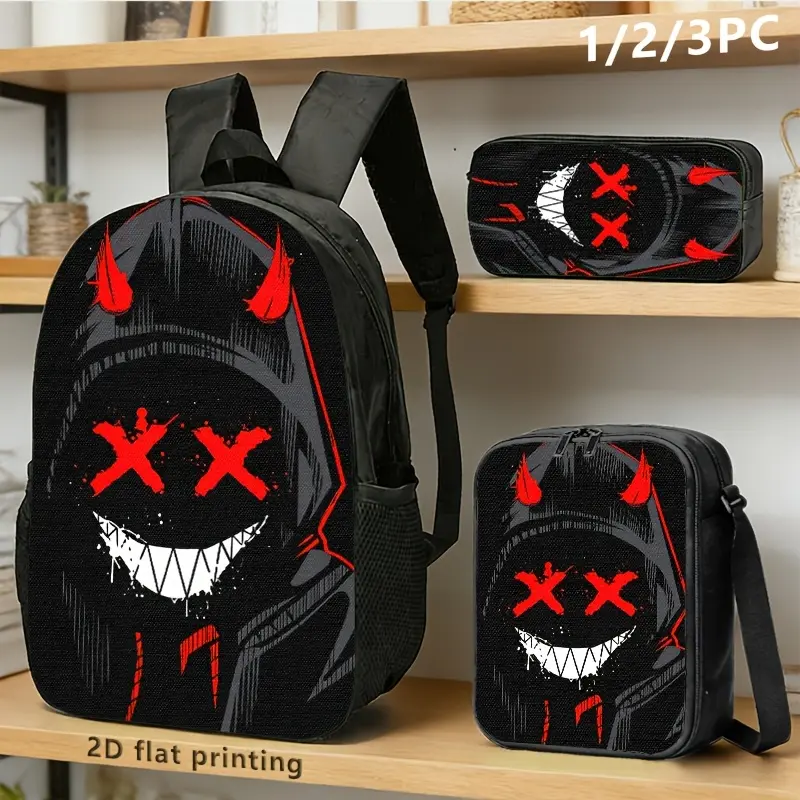 1pc/2pcs/3pcs Backpack, Shoulder Bag, Pouch | Edgy Devil Motif 2D Print In Red And On Black, Ideal For Urban Youth In Commute, Travel, Daily Use | Material: Oxford, Brand: Aiky
