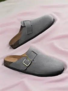 Men's Gray Suede Buckle Cork Insole Mules, Casual Comfort Style, Suede Material + Cork Insole + Metal Buckle + Non-Slip Sole, Comfortable Breathable, Simple Versatile , Ideal for Daily Home & Light Leisure Outings, Casual Shoes Clogs
