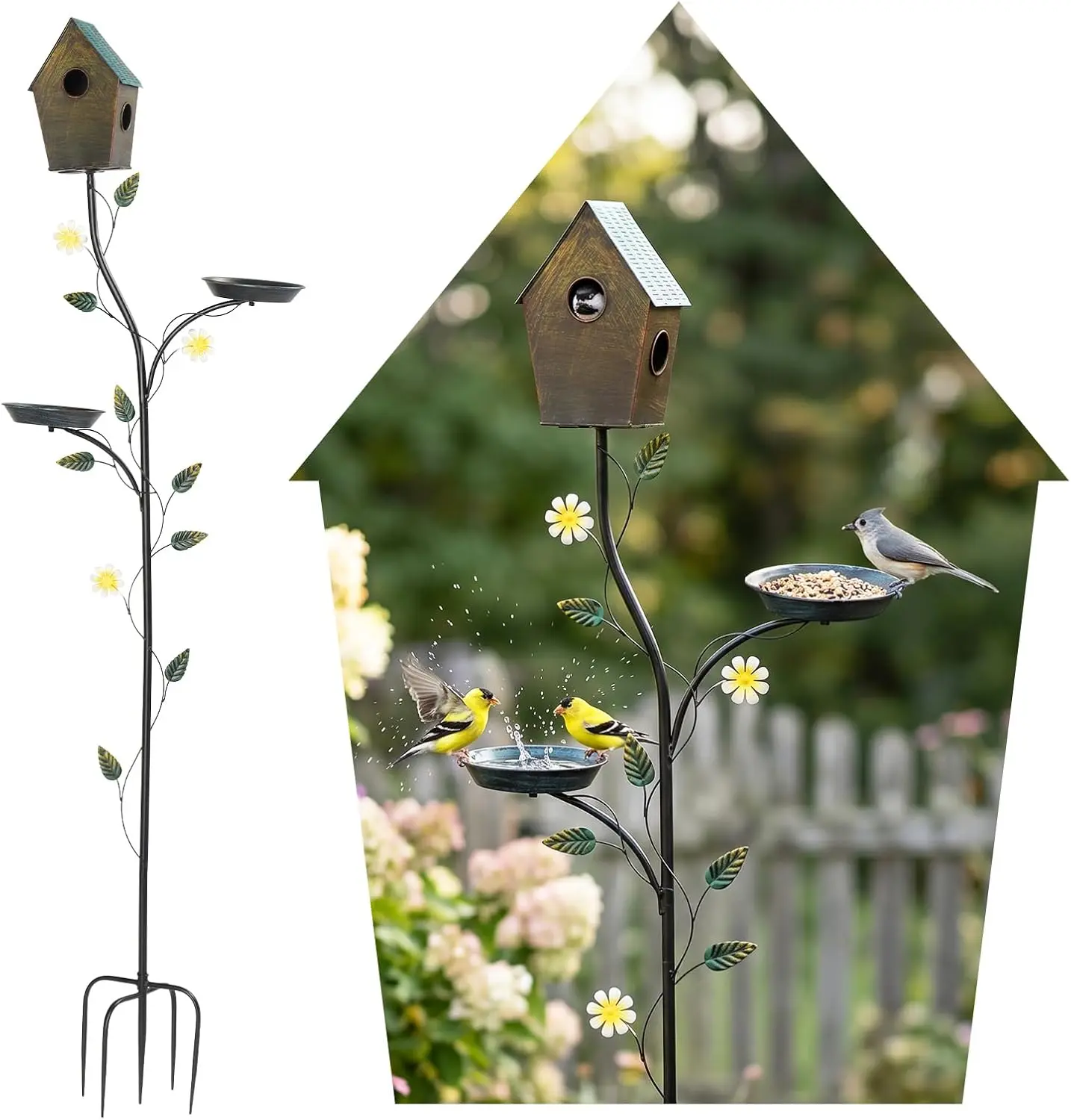 VINGLI 74.8" H Metal Bird Bath with Bird House, Outdoor Bird Bath with Stakes, 3-in-1 Bird Feeder for Patio, Garden, Yard, Lawn