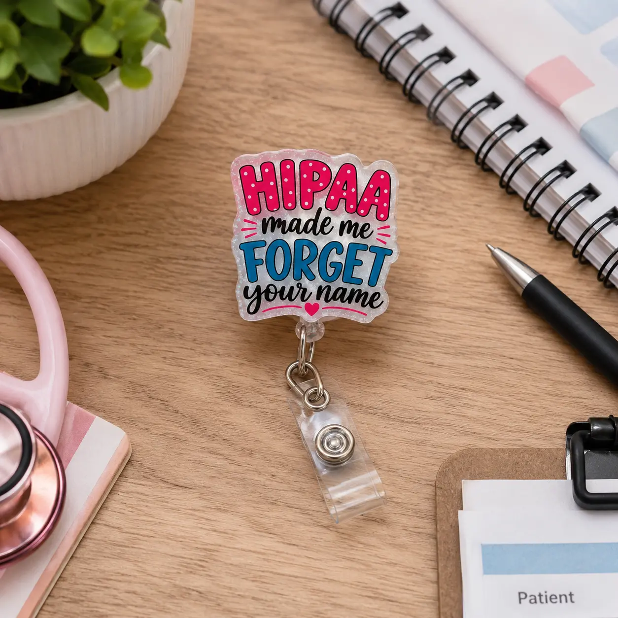 HIPAA Made Me Forget Your Name Badge Reel, Glitter Acrylic Badge Holder with Retractable Clip for Nurses and Medical Staff