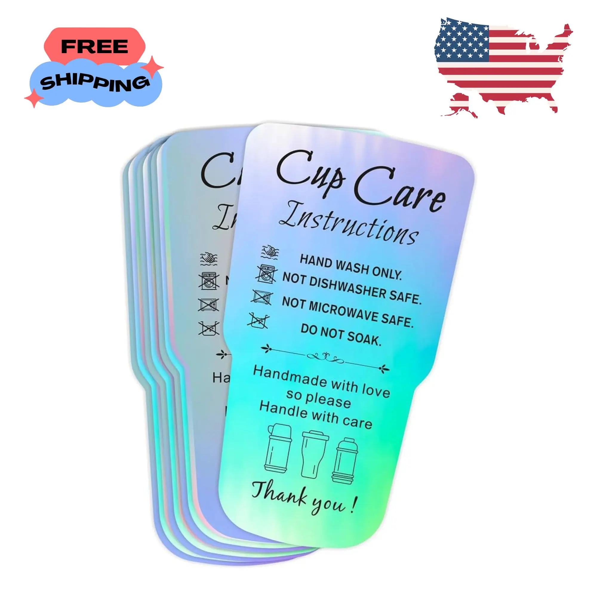 240 PCS Tumbler Care Instructions Holographic Cards Packaging Customer Direction Card