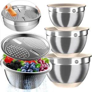 Mixing Bowls with Airtight , Stainless Steel Mixing Bowl Set with 3 Metal Nesting Bowls, Colander & Grater, Non-Slip Bottoms, Size 1.5, 2.5, 6 QT,  for Mixing & Serving, Khaki