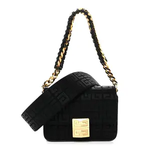 Pre-owned GIVENCHY Calfskin Shoulder Bags Canvas Woven Embroidered Small 4G Bag With Chain Black