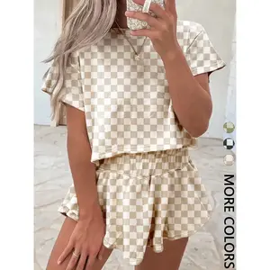 Checkered Print Matching Outfit: Casual Short Sleeve Crop Top & Ruffle Shorts for Women