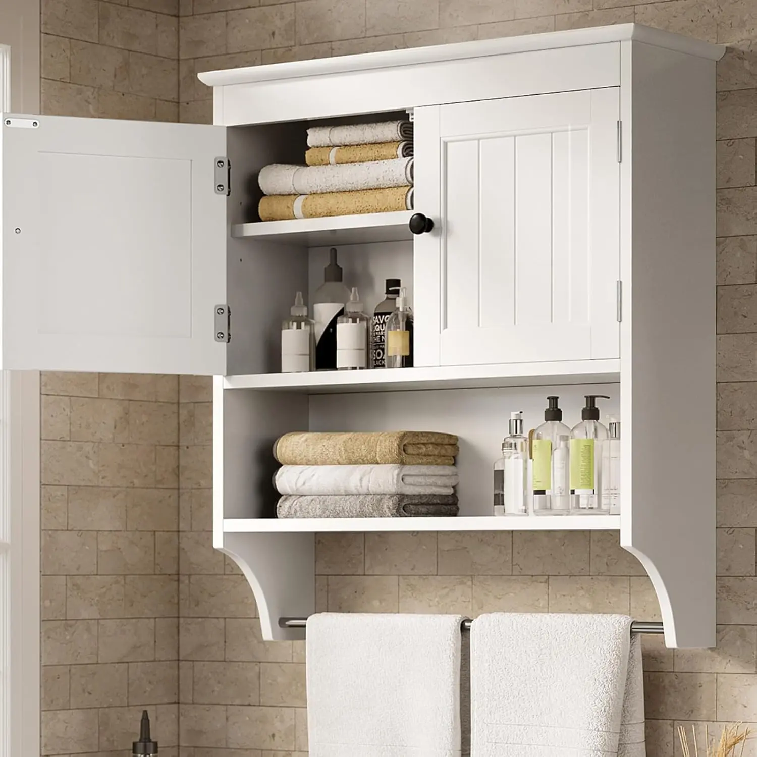 Gizoon Bathroom Wall Cabinet with Towels Bar, Wall Mounted Medicine Cabinet with 2 Door and Adjustable Shelves, Space Saver Over Toilet Storage Cabinet for Bathroom Laundry Room Kitchen, White
