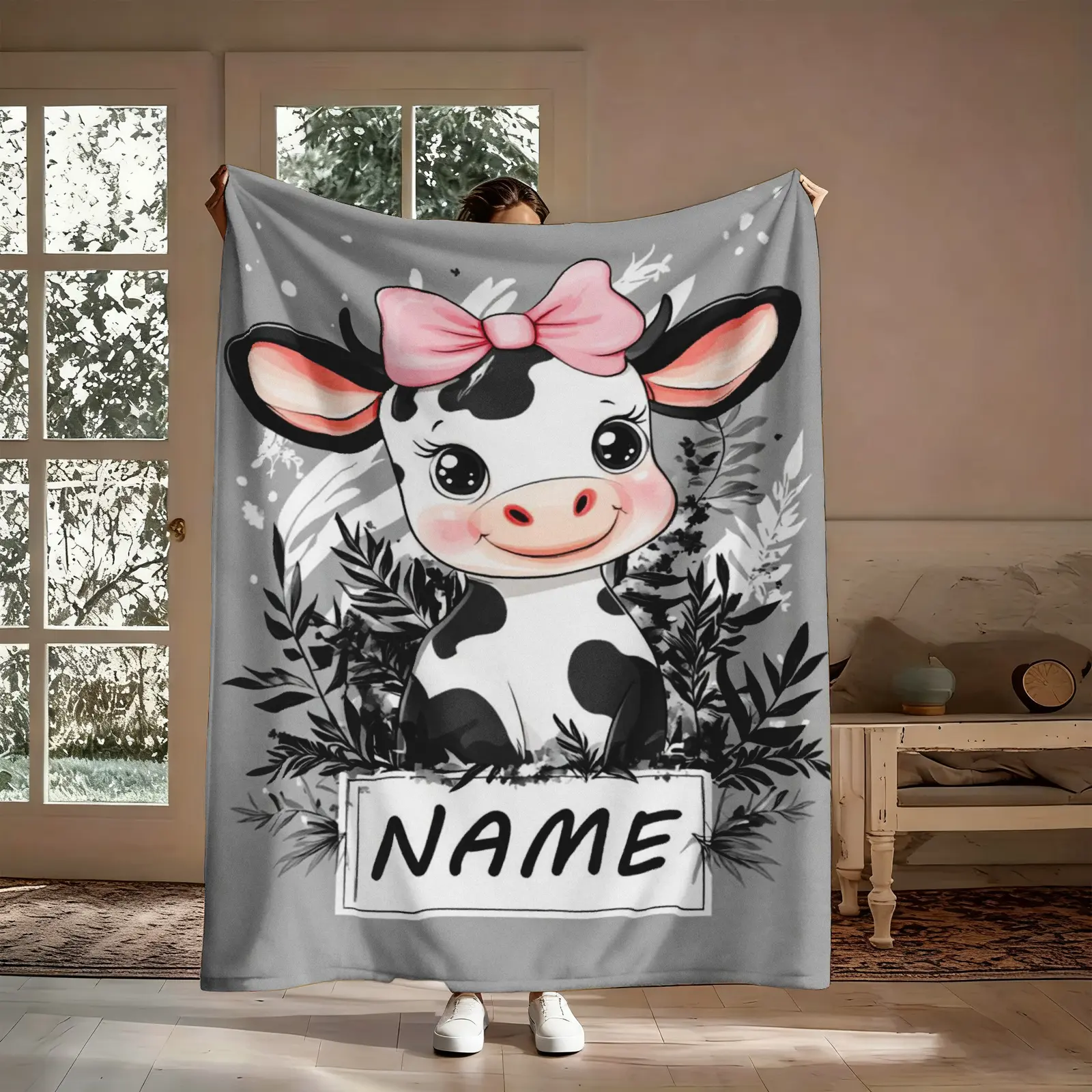 Personalized Cow Flannel Throw Blanket - Custom Bow Calf Monochrome Botanical Name, Soft Cozy Warm, Digital Printing, Cute Decorative, for Couch Nursery, Gift for Kids (Message Remarks), Custom Blankets, Personalized Blankets