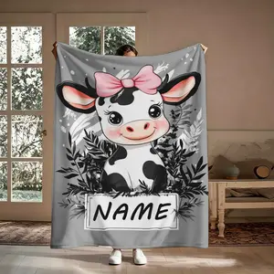 Personalized Cow Flannel Throw Blanket - Custom Bow Calf Monochrome Botanical Name, Soft Cozy Warm, Digital Printing, Cute Decorative, for Couch Nursery, Gift for Kids (Message Remarks), Custom Blankets, Personalized Blankets