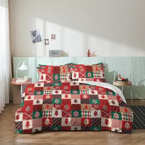 [Christmas Gift] 3pcs Red Christmas Grid Tree/Deer/Snowflake Work Holiday Bed Sheet And Duvets Set Snug-Fit For Simple Use In Master Bedsroom、Guest Room Or Hostel Deep Sidewalls With Machine Washable Feature （1 Duvet Cover & 2 Pillowcases，No Quilt）