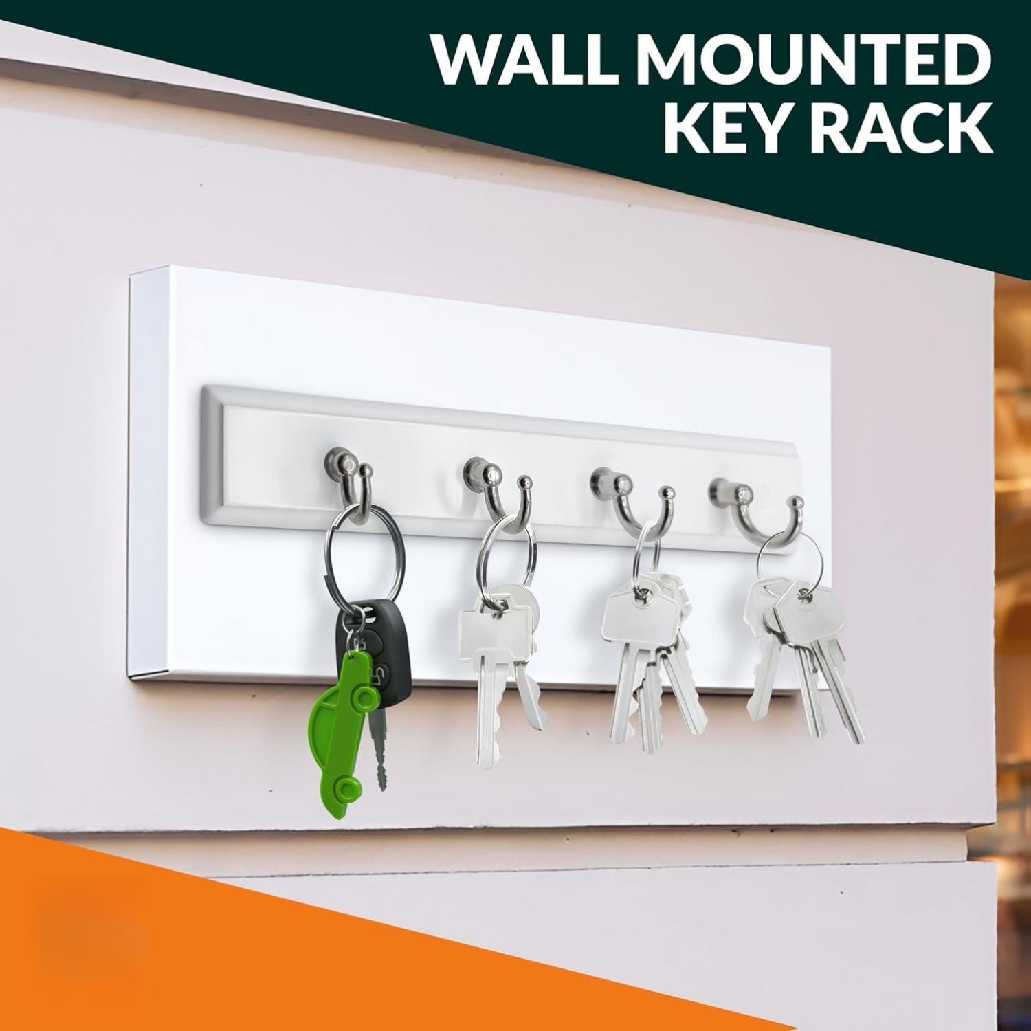 Durable Metal-Steel Wall Mounted Key Rail Rack Hanger Holder with 4 Hooks, Wooden Hanging Storage Organizer for Home Decor (White)