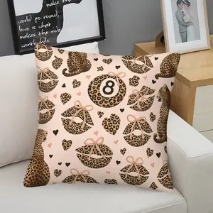 Leopard Print 8 Ball Throw Pillow with Insert, Cheetah Lips & Pink Bow Decorative Cushion, Coquette Wild Style Pillow for Living Room, Bedroom, Girls Room Decor, 45cm Square Zipper Closure, Gift Choice
