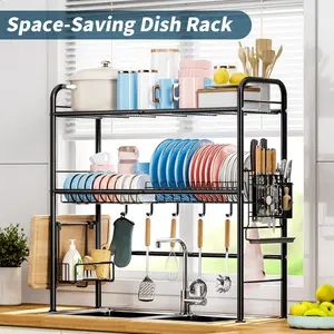 Sunme Over The Sink Dish Drying Rack, Large Dish Drying Rack for Kitchen Countertop with Utensil Sponge Holder Sink Caddy and Cutting Board Holder,Kitchen Metal Organizer 1&2 Tiers