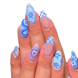24pcs Long Almond Press On Nails with Blue Line Love Flower for Nail Art - Nail Care