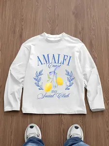 Men's Slim-Fit Long Sleeve Graphic T-Shirt, Lemon Art Print, Casual Street Style, All-Season Wear, Unisex Fashion Tee, Knit, Streetwear