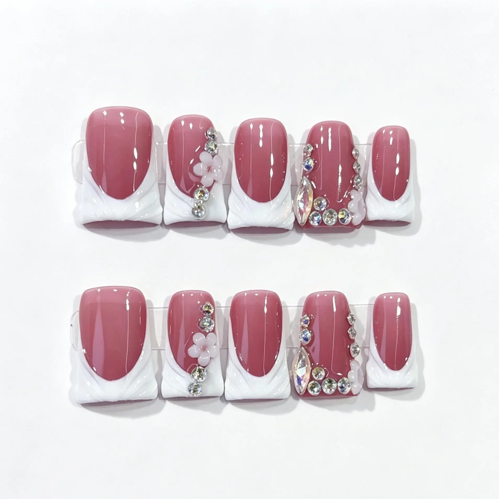Duck Shape Handmade Press On Nails, Elegant White French Tip with Luxury Rhinestones, Acrylic Fake Nail Kit for Women, Acrylic Nails, Nails Press On