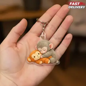 Baby Monkey Holding Plush Toy Acrylic Keychain, Viral Punch Monkey Bag Charms, Emotional Gift for Animal Lovers, Animal Support Keychain