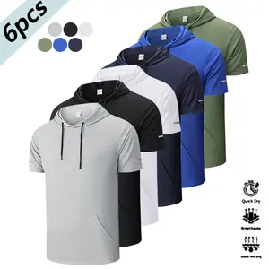 Pack of 6, men's short-sleeve hooded T-shirt, quick-drying, comfortable and breathable, with reflective stripes on the sleeves, large pocket design with diagonal insert, men's sporty fashion, suitable for casual get-togethers, vacations and travel