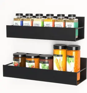 2 Pack Magnetic Spice Rack for Refrigerator, Moveable Seasoning Spice Organizer for Fridge and Microwave Oven, Strong Magnet Metal Black Shelves for Kitchen Storage Organization - Black