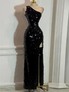 One-Shoulder Sequin Long Dress, Bodycon Fit, High Slit Design, Full Sequins, Elegant Formal Party Gown, Perfect for Evening Events