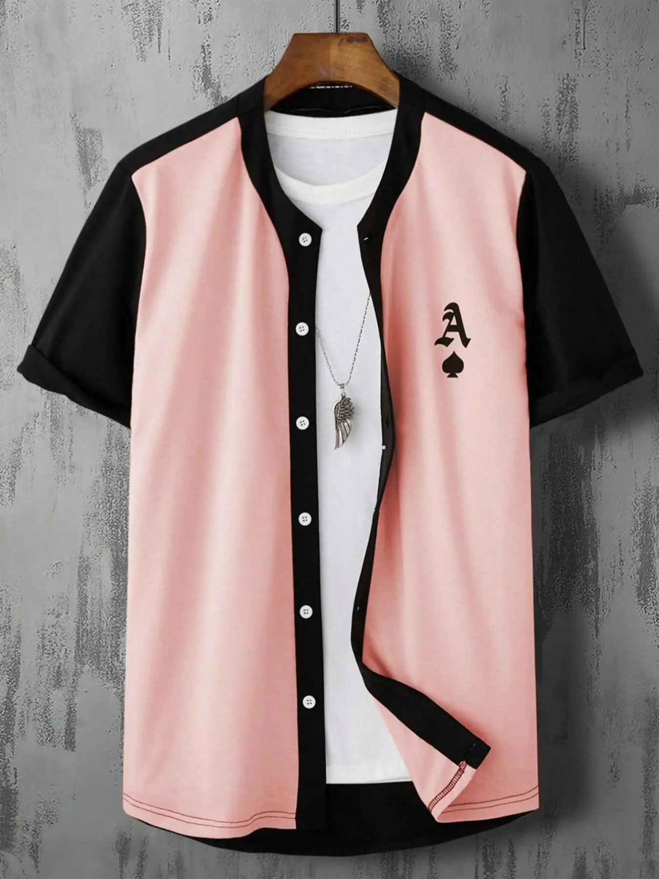 LGBTQ+ Men's Geometric & Letter Print Button Front Shirt, Summer Clothes Regular Fit Casual Patchwork Short Sleeve Round Neck Top for Summer, Men's St