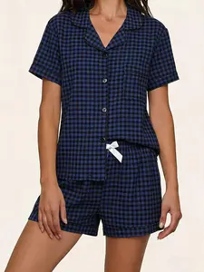 Deep Blue Plaid Printed Lapel Short Sleeve Shorts Pajama Set, Bow Design Waistband, Casual Loose Fit Home Sleepwear
