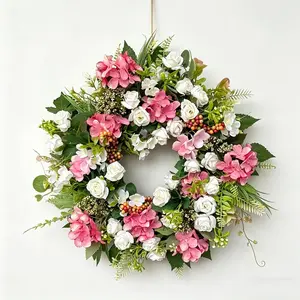 Elegant Light Hydrangea and Rose Wreath, Mixed Berries and Ferns, Rustic Style for Porch and Wedding Decorations, Artificial Roses, Artificial Flowers