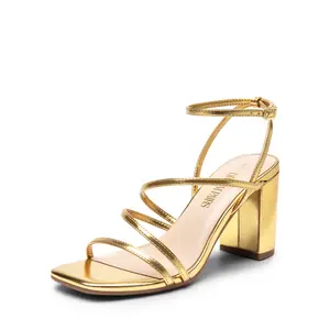 Dream Pairs Women's Square Toe Strappy Chunky Heel Sandals with Rhinestone Embellishment and Flare Heel