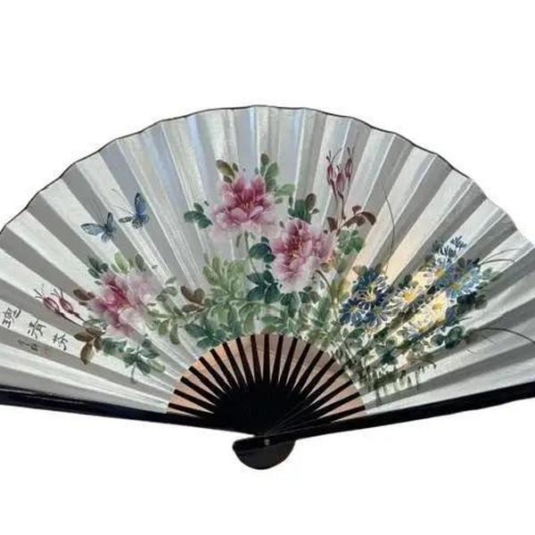 26" Oriental Hand Painted Wooden Silk Fan Decor Wall