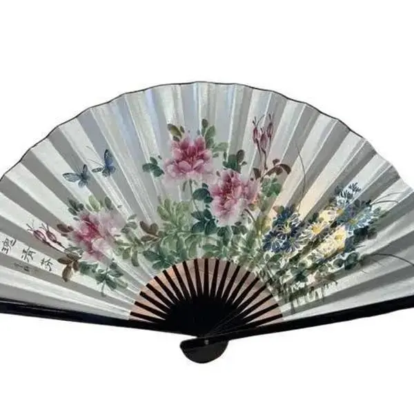 26" Oriental Hand Painted Wooden Silk Fan Decor Wall