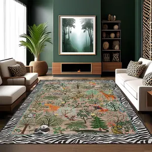 Garvee Jungle Washable 8x10 Area Rug with Large Animal Print, Non-Slip, Stain-Resistant, Botanical Design, Foldable Thin Carpet for Living Room, Bedroom, Nursery, Playroom in Brown