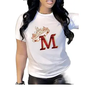Women's Red Graphic Print T-Shirt - "M" Letter with Crown & Diamond Design, Casual Round Neck Tee for Spring & Fall, Soft Polyester Fabric, Machine Washable, Seasonal Fashion Top|Vibrant Casualwear|Studded Design Shirt