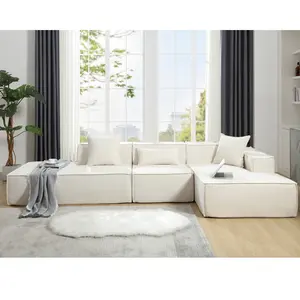 Modular Combination Living Room Sofa Set, Modern Minimalist Sofa, Free Installation Sofa, L-shaped, Italian Minimalist Tofu Block Sofa, Right-Hand Facing,Terrycloth Fabric, Beige