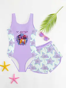 Girls' Fashion One-Piece Swimsuit Set, Star Print Kids Swimwear, Girl Split-Back Briefs, Slim-Fitting Party Style Swimwear Sets, Swimwear Outfits