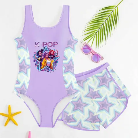 Girls' Fashion One-Piece Swimsuit Set, Star Print Kids Swimwear, Summer Swimwear, Girl Split-Back Briefs, Slim-Fitting Party Style