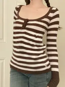 Vintage Striped Round Neck Knit Top, Y2K Style Slim-Fitting Sweater, Spring & Fall Fashion, Casual Women's Clothing, Knitwear
