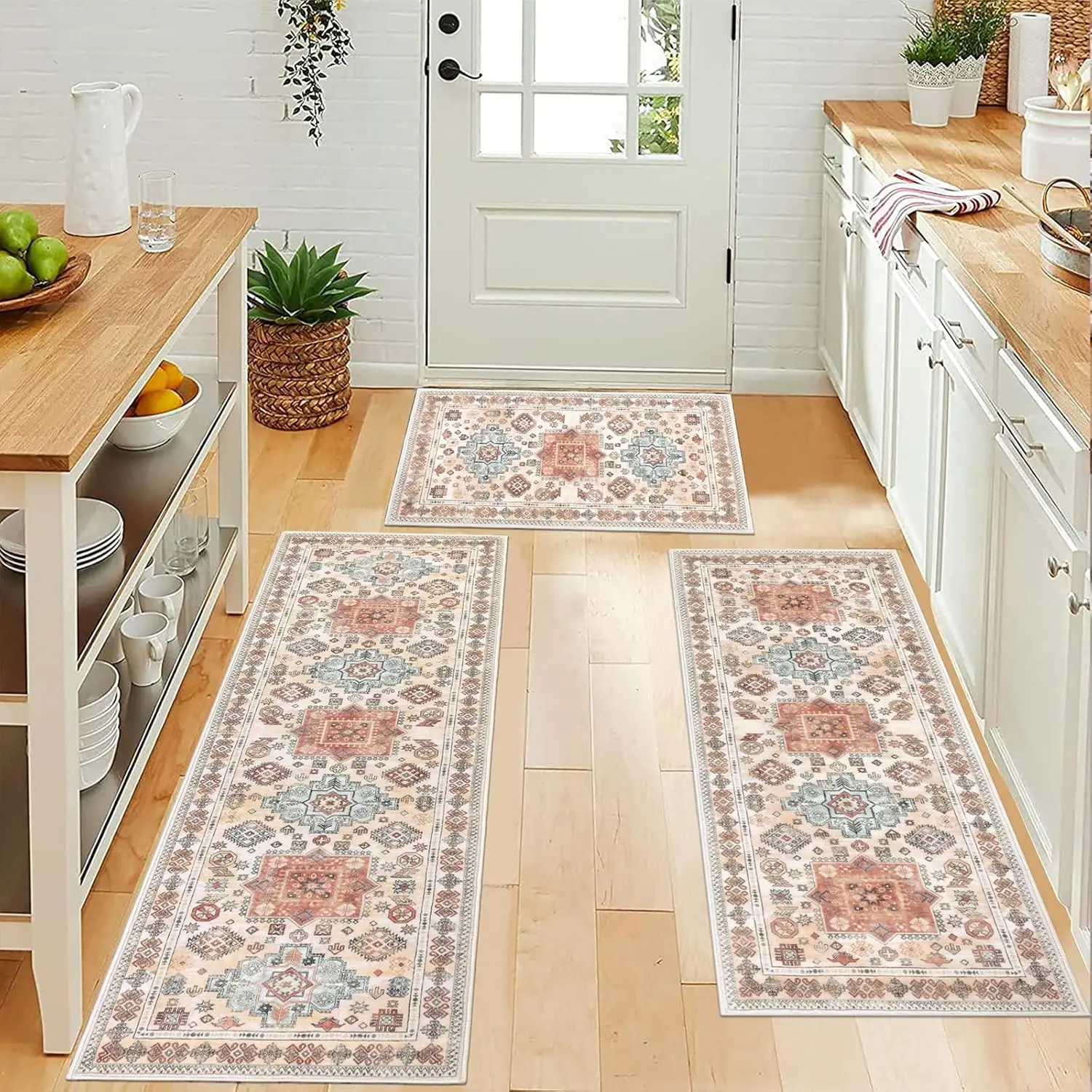 HEBEMAT Washable Boho Kitchen Rug Mat Sets 3 Piece, Farmhouse Non Slip Kitchen Rug Runner, Washable Non Skid Kitchen Rugs, Bohemian Kitchen Floor Mat for Hallway Entryway Laundry Room