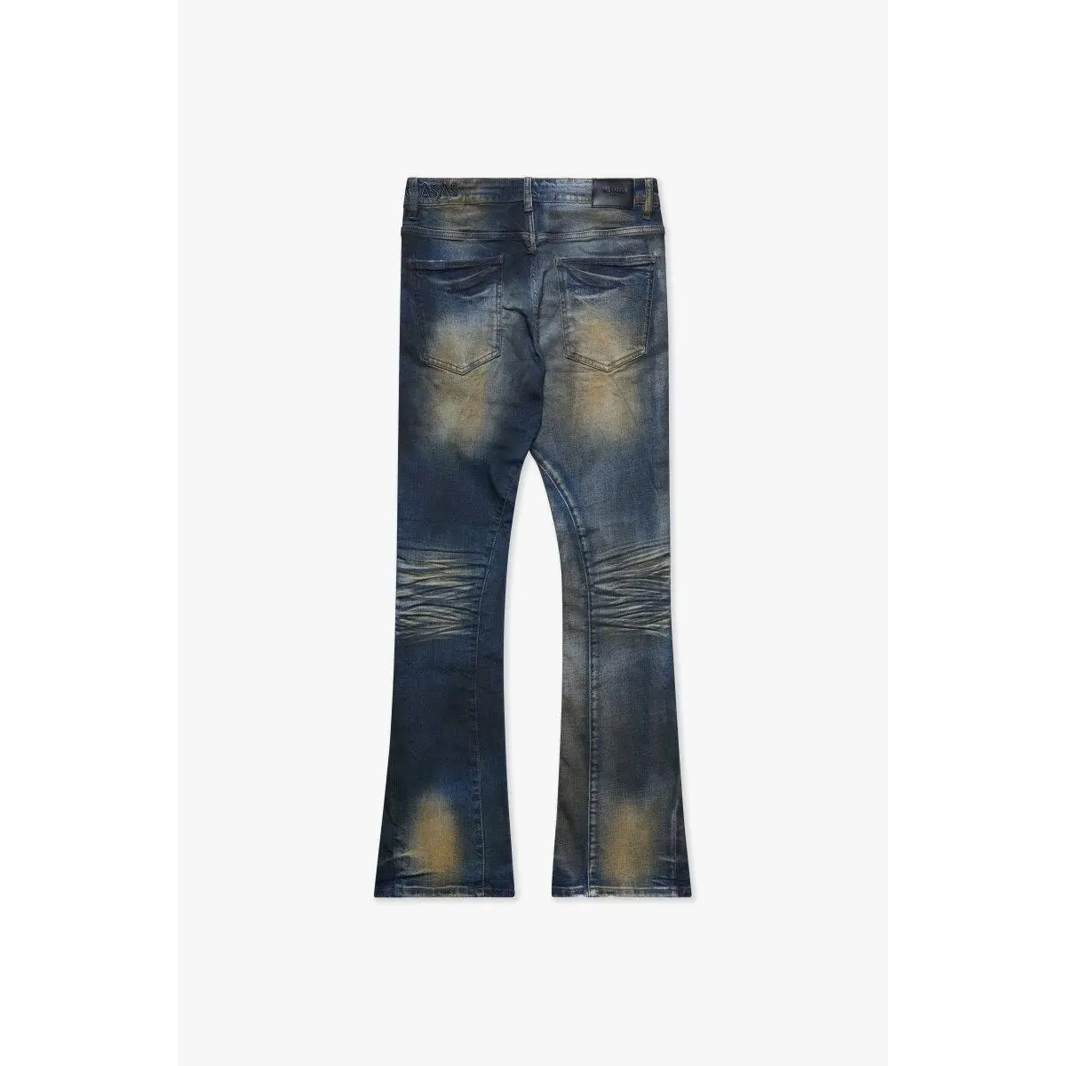 Men's Fax VT Blue Dark Blue Wash Stacked Jeans - Golden Embroidery, Smooth Spandex Fabric, Stylish Menswear Bottoms, Flare, Streetwear, Vintage