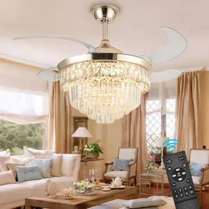 Crystal Ceiling Fan with Light,42 Inch Dimmable Crystal Fandelier,  Retractable Ceiling Fan 6 Speeds Indoor Chandelier Fan for Bedroom Living Room Dining Room