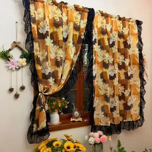 American Style Luxury Floral Linen Curtains with Ruffle Design, High Light Blockage for Living Room & Bedroom, Elegant Ready-Made Drapes, Window Curtain