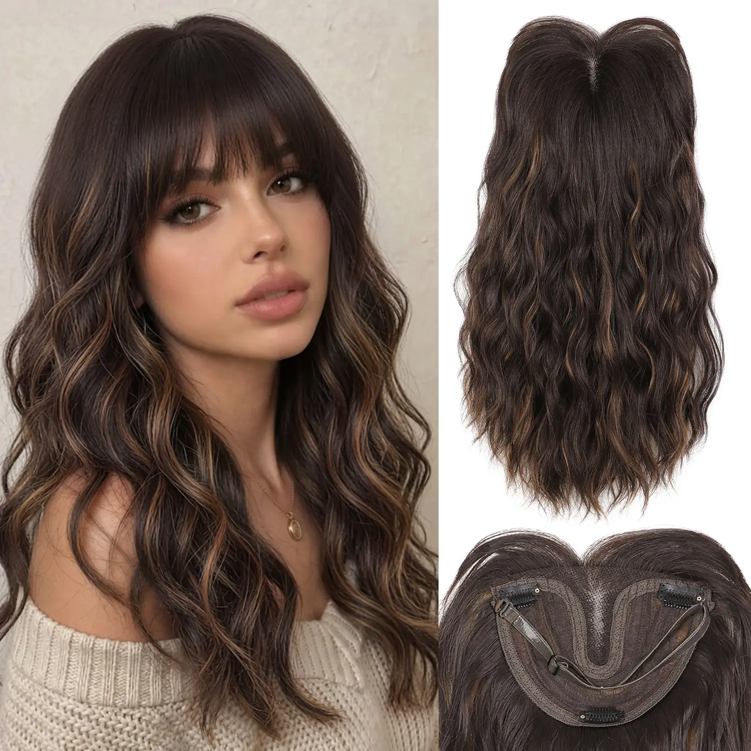 Invisible Chocolate Brown Mixed Chestnut Wavy Hair Toppers, 360° Hand-Knitted Clip Wiglets for Hair Loss Women