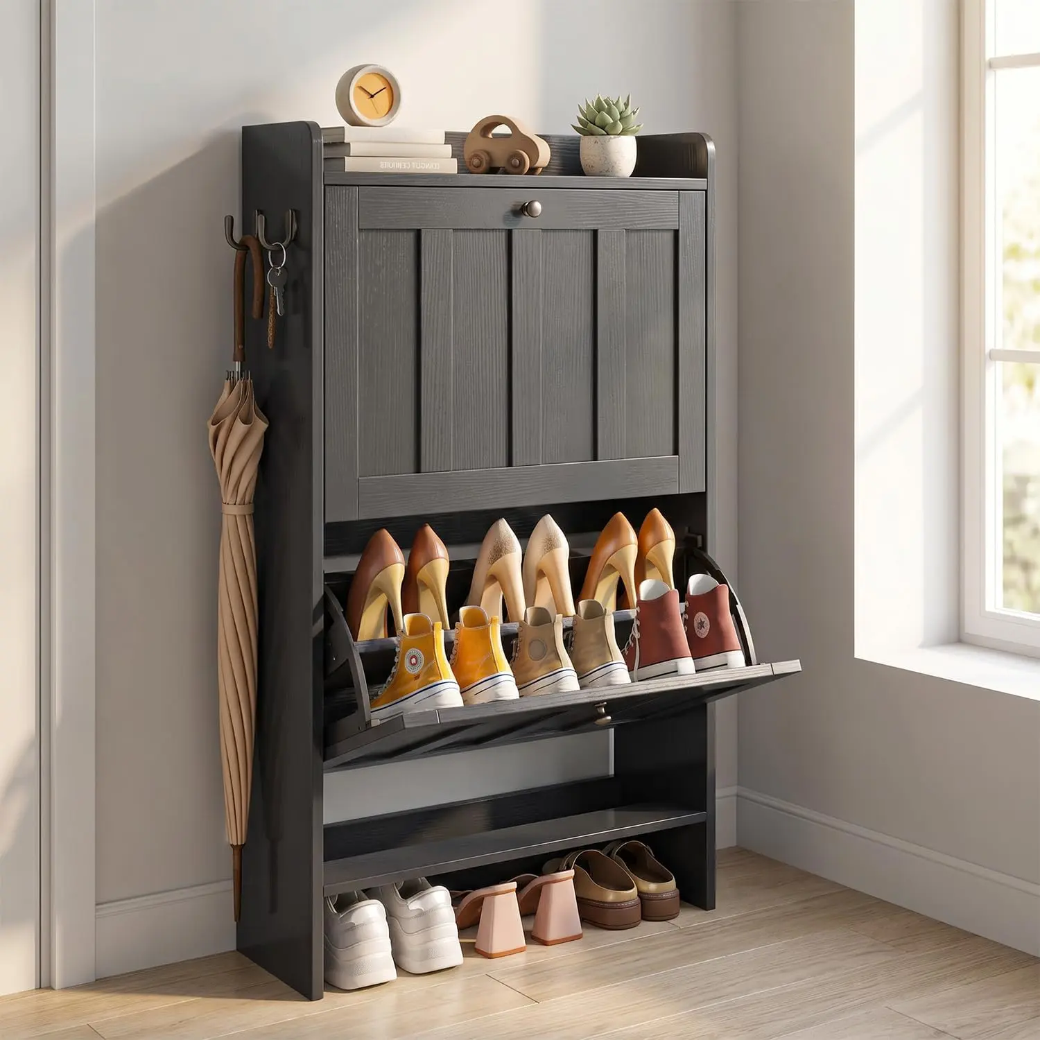 Gizoon Shoe Cabinet with Open Storage, Black | Shoe Storage Cabinet for Entryway, Freestanding Narrow Rack with 2 Flip Drawers, Space-Saving, for Hallway