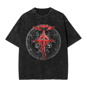 valentine shirts Fullmetal Alchemist Red Logo Men's T Shirt Washed Japanese Anime Novelty 5Tees Short Sleeve Round Neck T-Shirts Cotton Clothing