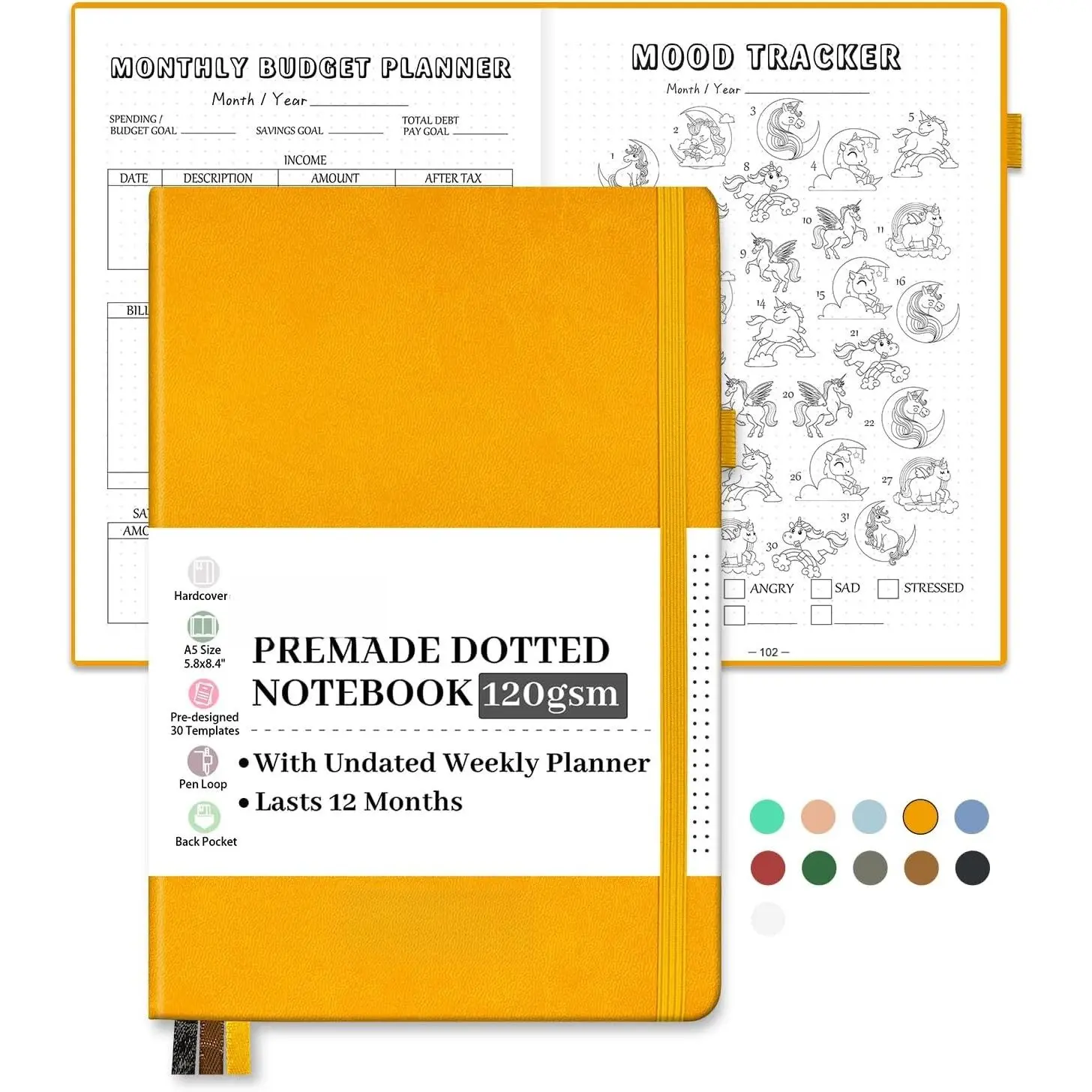 Premade  Dotted Journal Notebook, Pre-made Dot Grid Journaling with Undated Weekly & Monthly Planner, Various , Lasts 1 Year, A5